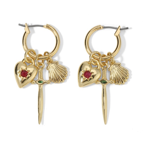 Vanessa Mooney AURORA HOOP CHARM EARRINGS Dagger heart sea shell gold earrings - Picture 1 of 17